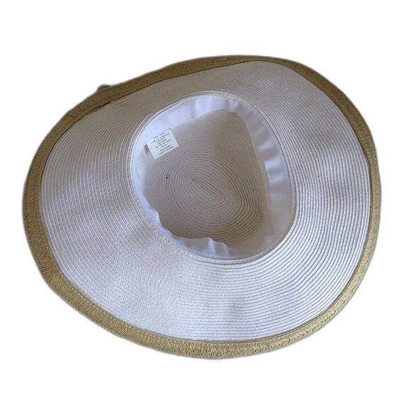 Packable Travel Floppy Straw Hat Wide Brim White with Tan Edge Vacation Cruise - Picture 9 of 11